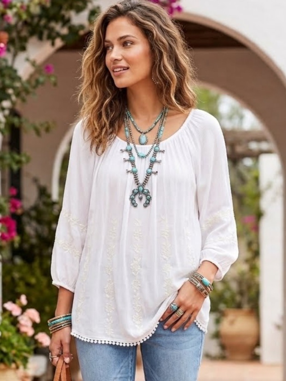 Yest Boho White Embroidered Peasant Top Blouse Pom-Pom Trim Ethereal Sz 6 Small
